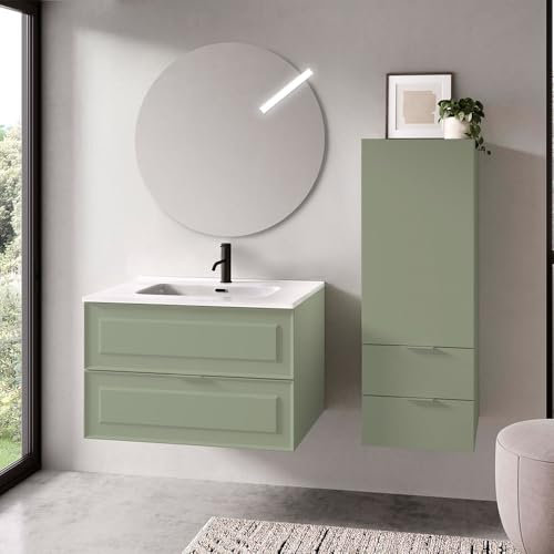 Inbagno Mobile bagno sospeso 80 cm salvia opaco con lavabo in ceramica, doppio cassettone e specchio tondo 80 cm, MATISSE
