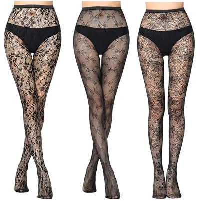 GOZINA 3 Pairs Patterned Tights for Women Black Fishnet Tights for Women Fashion Lace Floral Pantyhose High Waist Fishnet Stockings Tights