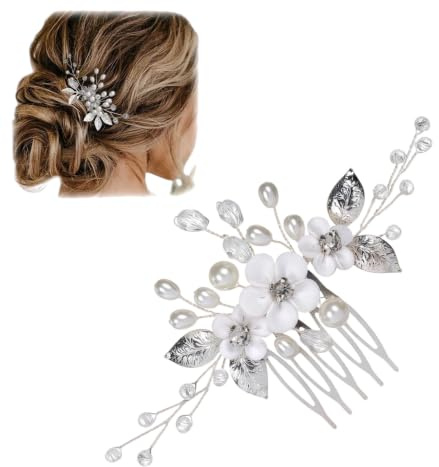 VIVIIHOO Peigne à Cheveux de Mariage de Fleurs avec des Perles de Couleur argentée - Bijoux de Cheveux de Mariage - Bijoux de Cheveux de mariée pour Les Femmes et Les Filles