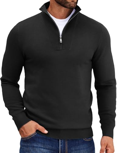 COOFANDY Pullover Herren mit Reißverschluss 1/4 Zip Strickpullover Troyer Half Zip Rollkragen Männer Langarm Pulli Schwarz L