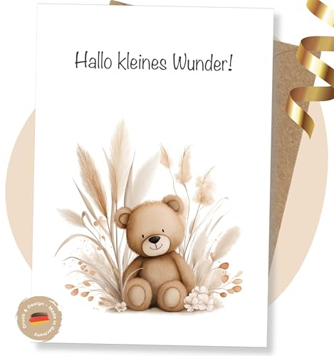LINDFALL® Premium Glückwunschkarte zur Geburt 'Bärchen'. Karte Mutterschutz, Aquarell, Klappkarte A6 mit Kraft-Umschlag. Karte Geburt Junge, Mädchen, Beigabe zu Windeltorten Geschenksets