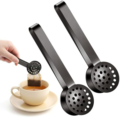 2 PCS Tea Bag Squeezer Tongs, Stainless Steel Teabag Squeezer Tea Tongs Filter Spoon, Round Teas Bag Clip Clamp for Home Kitchen Bar Tools Teas Drinkers Accessories (Black)