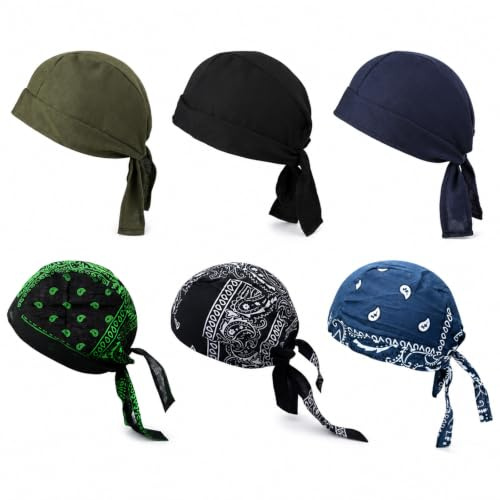 BATSEREN 6-Piece Bandana Cap Set, Pure Cotton Elastic Cycling Sports Cap for Men and Women, Pirate Head Wrap and Helmet Liner Bandana, Paisley and Solid Colours, Fits 56-58cm