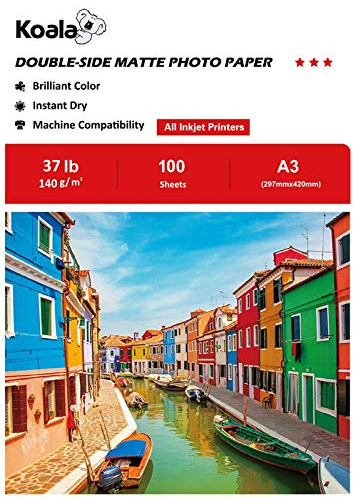 KOALA Double Sided Matte Inkjet Photo Paper A3, 140gsm, 100 Sheets for Inkjet Printers. Suitable for Printing Photos, Brochures, Covers, Certificates, Booklets, Flyers, Leaflets, Cards, Calendars