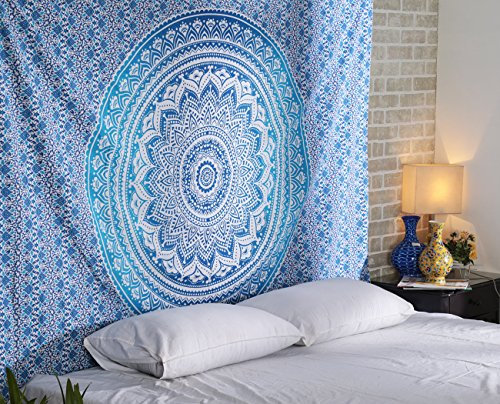 RAJRANG BRINGING RAJASTHAN TO YOU Grande dimensione poster decorazione da parete Ombre Mandala Arazzo da parete per uomo e donna, elegante boho camera da letto, decorazione blu 127 x 152 cm