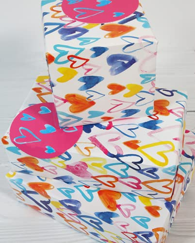Wrapping Paper 12372AHearts Gift Wrap Pack with 2 Sheets & 2 Tags, Plastic Free & Fully Recyclable, Multicoloured