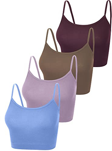 4 Pieces Crop Cami Top Spaghetti Strap Tank Camisole Top Basic Sport Cropped Tank Tops for Women (Pink, Coffee, Serenity, Marroon,M)