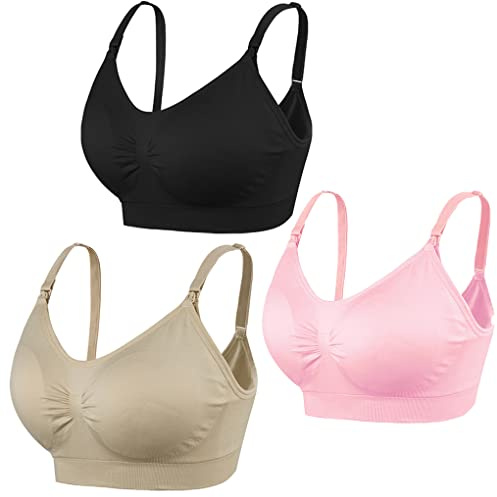 COLOMI 3 Pezzi Reggiseno per Allattamento Reggiseno per Allattamento Senza Ferretto per Allattamento e Dormire Senza Ferretto per Donna (L,Black+Nude+Pink/3Pack)