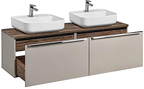 Lomadox Double meuble de lavabo 160 cm, taupe avec chêne vintage, 2 lavabos en céramique, tiroirs à fermeture amortie, (l x H x P) : env. 160,4/62,5/46 cm