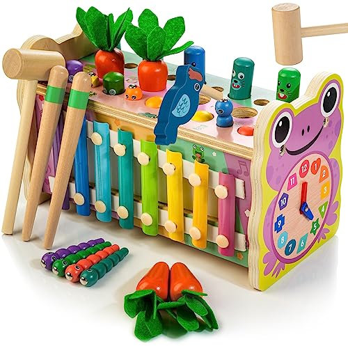 Amtreen Frosch Hämmerspielzeug Schlagzeug Musik Spielzeug Xylophon, Multifunktionale Spielzeugkiste, Montessori-Entwicklungsspielzeug für Kinder ab 3 4 5 Jahren (Rosa)
