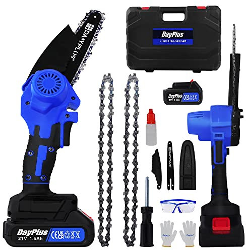 6 Zoll Mini Kettensäge Elektro für Gartenscheren Astschere Holzschneidenz, 600W Tragbare Mini Einhand Kettensäge Akku Handkettensäge mit 1500 mAh Akku, 6 Zoll Akku Kettensäge mit 2 Ketten