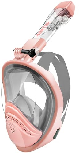 HINATAA 180°Full Face Snorkel Mask,Double Floating Ball Design Anti-Leak Free Breathing,Full Dry Anti Fog Breathing System Snorkeling Mask,Professional Snorkeling Set (Grey Pink, L/XL)