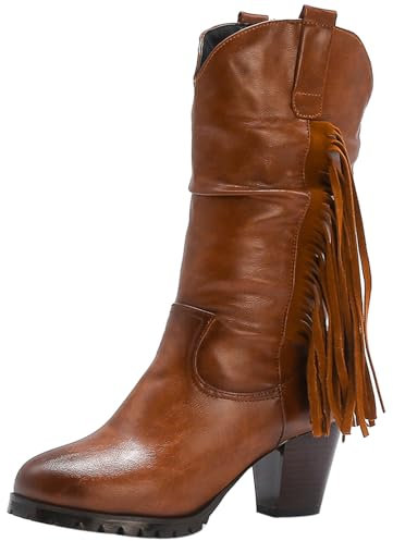 Joliss Donna Tacco a Blocco Stivali Morbidi Punta Rotonda Senza Chiusura Stivali con Imbracatura Retrò Tacco Medio Stivali Moda Nappe Stivali a Metà Polpaccio Chocolate Numero 36 EU