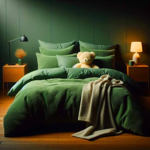Comfort Collections Set di biancheria da letto con orsacchiotto in pile super morbido, calda coperta invernale con federe, verde smeraldo, letto matrimoniale
