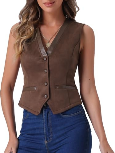 Allegra K V Neck Vest for Women's Faux Suede Button Down Vintage Sleeveless Casual Jacket Brown XL