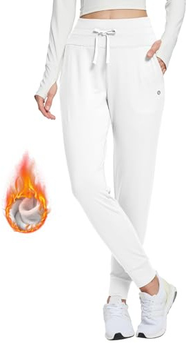baleaf Women's Fleece Lined Joggers High Waisted Water Resistant Thermal Winter Trousers Running Yoga Pants White M