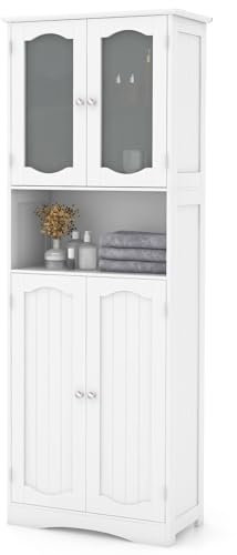 GOPLUS Armoire de salle de bain de 164 cm de haut avec 4 portes et étagère, armoire de rangement avec étagères réglables, pour salle de bain et salon