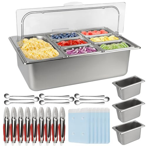Kalolary Pizza Topping Station, 10 Pans Stainless Steel Spice Organizer Salad Bar Buffet Station with Spoons Ice Boxes Buffet Containers Set for Sauce Jam Ingredient Kitchen Restaurant Pantry
