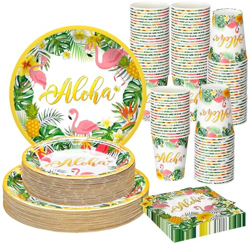 Jingmore 200 Pcs Tropical Hawaii Aloha Party Supplies Serve 50 Guests Luau Paper Plates Cups Napkins for Summer Beach Tableware Pool Party