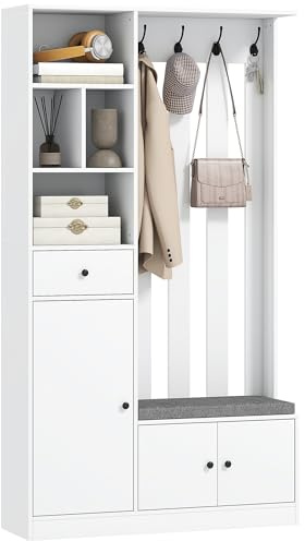 HOMCOM Garderobe Set Flurgarderobe mit Sitzbank, Schuhschrank, Verstellbarem Regal, Schublade, 4 Haken und Offenen Fächern Kompaktgarderobe für Eingangsbereich 100 x 30 x 180 cm, Weiß