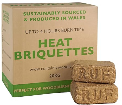 Certainly Wood Eco Heat Logs RUF Briquettes – 20kg (24 Briquettes) Wood burners & Stoves Fires - Eco Friendly Compressed Wood Fire Bricks Made in Wales. Up to 3 Hr burn time (1 box)