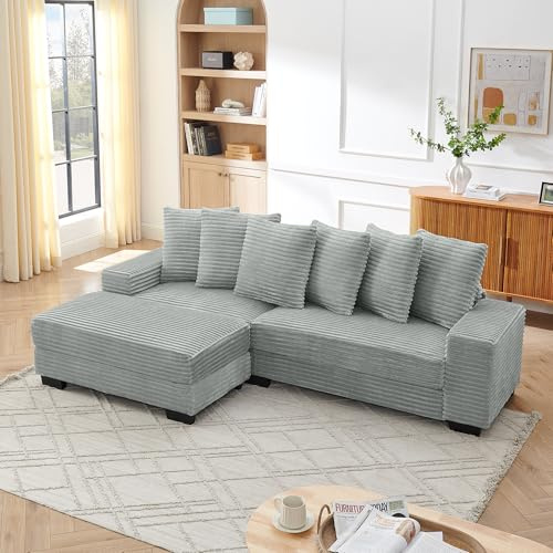 Bladez Sofá esquinero en L de 4 plazas - Sofá modular de pana con chaise longue reversible, 6 cojines, espuma de alta densidad, patas de plástico, duradero y cómodo, para salón, apartamentos (gris+4