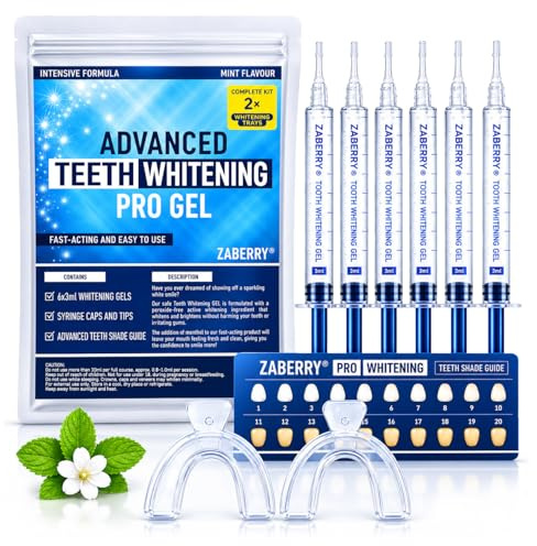 ZABERRY Teeth Whitening Kit with 6 x 3ml Gels + 2 Mouldable Custom-Fit Trays, At-Home Whitening Treatment, Gentle for Sensitive Teeth