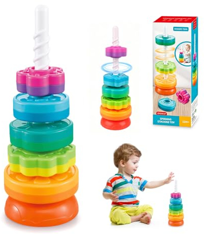 DAJASD Tour À Empiler Rotative, Jouet Arc-en-Ciel À Empiler avec Tige en Spirale (35,6 Cm), Pyramide À 6 Disques pour L'éveil Et Le Développement Cognitif