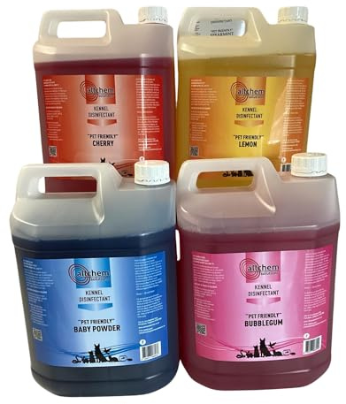 AllChem Pet Friendly Kennel Disinfectant 4x5L | Powerful Cleaner for Kennels, Homes & Pet Areas | Long-Lasting Fragrance | Lemon, Cherry, Baby Powder, Bubblegum (5 Litre)