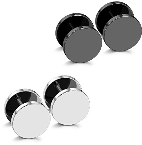 JewelrieShop Black Faux Gauges Plugs Earrings for Men Stainless Steel Dot Disc Studs Circle Flat Back Cheater Tunnel Dumbbell Earrings Women(18 Gauges,2 Pairs,12mm,Black and Silver)