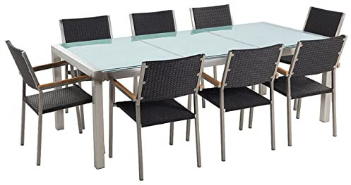 Beliani Gartentisch Set Edelstahl 8-Sitzer Glas weiß Rattan schwarz 220 cm Grosseto