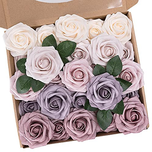 N&T NIETING Artificial Flower Roses, 25Pcs Real Touch Fake Foam Roses with Stems for DIY Wedding Bridal Bouquets, Table Centerpieces, Baby Shower Party and Home Decoration, Mixed Colours