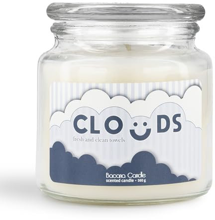 Bacana Candle - Duftkerze im Glas - Duftkerze im Glasgefäß mit Deckel - Originelle Kerze als Geschenk - 560 Gramm, 80-110 Stunden Brenndauer - Baumwollblüte - Clouds