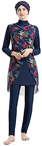 WOWDECOR Muslim Swimwear for Girls, 3 Pieces Full Coverage Swimming Costume Detachabale Floral Burkini Hijab (Navy Blue, S)