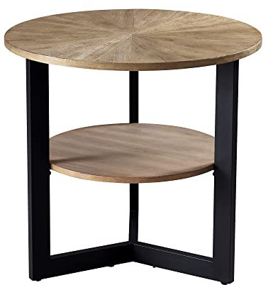 PADMA HOUSE Runder Tisch mit Aufbewahrung mit Bauernhof-Ende, im Wohnzimmer, Beistelltisch mit Zwei Etagen, aus Massivholz am Eingang des Büros des Schlafzimmers (Gelbbraun, 64 x 64 x 61 cm)
