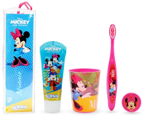 Disney Minnie Mouse Kinder-Zahnbürsten-Set – weiche Zahnbürste mit Schutzkappe, Zahnpasta mit Minzgeschmack und Mehrzweck-Becher, reisefreundliches Mundpflege-Set für Kinder ab 3 Jahren