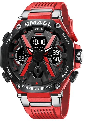 KXAITO Men's Watches Sports Outdoor Waterproof Military Watch Date Multi Function Tactics LED Face Alarm Stopwatch for Men (8087 Red)