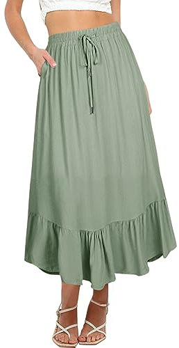 REORIA Damen Röcke Elastische Maxiröcke mit hoher Taille für Damen Lange Röcke mit Taschen Grün Grau L