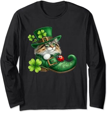 St Patrickâs Day Cat in Shoes - Norwegian Forest - Cute Long Sleeve T-Shirt