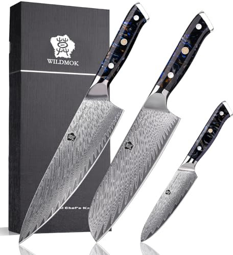 WILDMOK Juegos de cuchillo de cocina de Damasco 3 PC, Juego de cuchillos de cocina japonés Damasco Core, juego de cuchillos de chefs profesionales ultra afilados y mango completo, caja de regalo
