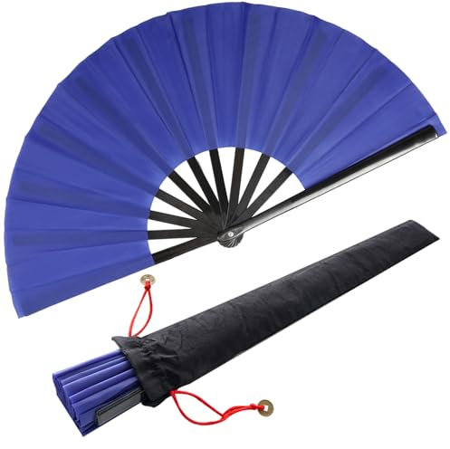 2 pezzi Grandi Pieghevole Seta Mano Scomparti Cinesi Tai Chi Pieghevole Ventaglio di Nylon Panno Cinese Kung Fu Fan con Supporto Manica per Prestazioni Danza Decorazioni Festival (Blu)