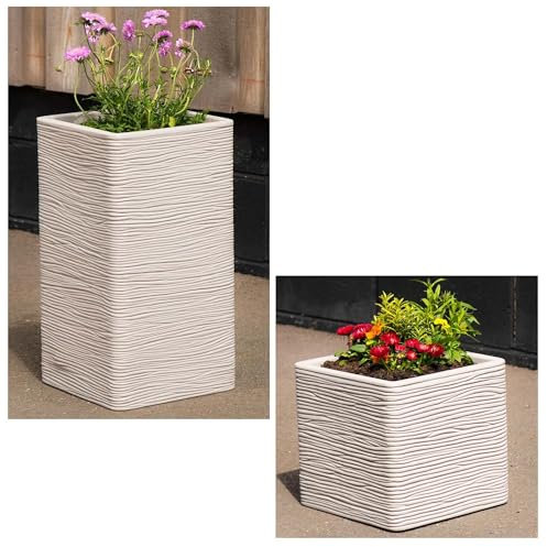 Pluto Packaging Amalfi Tall & Square Multipurpose Home Garden Patio Stone Effect Flower Planters (2, Amalfi Tall (60cm Height))