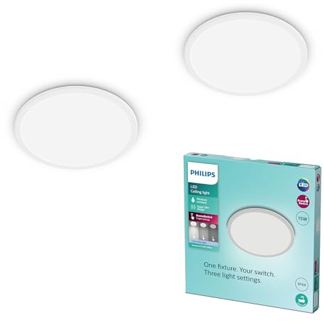 Philips LED Badezimmer Deckenleuchte Superslim (15 W), 3 Lichteinstellungen, kaltweiß Licht, dimmen ohne Dimmer, IP44 Schutz, weiß, 25cm, 2er Pack