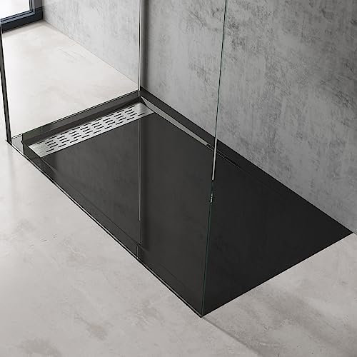 Plato de Ducha Plano Rectangular 90x140x5 cm Acrílico Negro | Incluye Válvula de Desagüe AL01 | Instalación a Ras de Suelo | Conexiones DIN | Xetro04