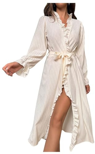OYOANGLE Women's Ruffle Trim Textured Bathrobe Sheer Mesh Midi Shower Robe Long Sleeve Belted Dressing Gown Apricot Medium