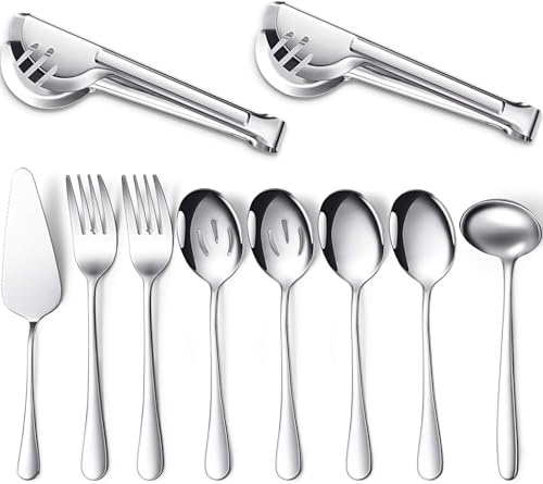 LATERN 10Pcs Serving Utensil Set, Stainless Steel Flatware Serving Tool Kit Included Large Spoon Slotted Spoon Fork Tong Soup Ladle Pie Server Buffet Catering - Gift for Wife Mother Chrismas (Silver)