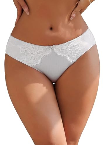 ohyeahlady Women's Sexy Underwear with Lace Trim Breathable Cotton Crotch Thong Panties Soft Stretch Ribbed Brazilian Knickers Plus Size French Briefs White XL