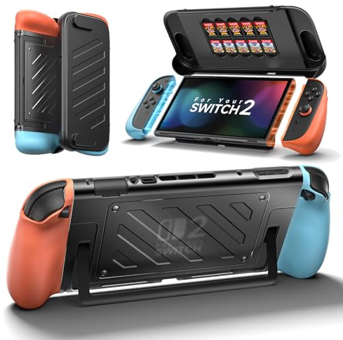 JSAUX Split skyddsfodral för Switch 2, TPU mellanram och PC framskydd | halkfritt ergonomiskt grepp, förvaring för 10 spelkort, stöder stativanvändning-PC0114 (blå och orange)