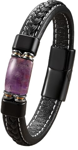 Bracciale Da Uomo In Pelle Con Pietra Naturale Nera, Braccialetto Classico Intrecciato A Mano Con Croce, Braccialetto In Corda Intrecciata, Regalo Per Ragazzi, Accessori Per Gioielli, Ametista, 23 C
