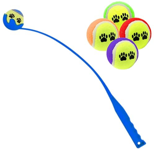 Welari Dog Ball Launcher 70cm with 4 Extra Tennis Balls (Assorted Colours) - Long Throw Pet Fetch Toy for Dogs - Exercise & Outdoor Play for Dogs and Owners (1 Pack)